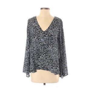 Lush V-Neck Chiffon Geometric Bell Sleeve Top Blouse XS Black Blue White Career